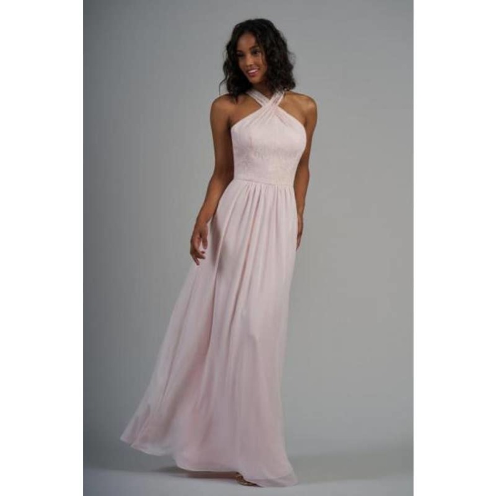 👗 B2 JASMINE New Shell Pink Lace Chiffon Criss Cross Halter Gown Dress 10 NWT